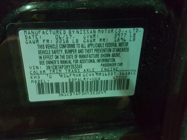 3N1CB7AP3HY353249 - 2017 NISSAN SENTRA SR BLACK photo 10