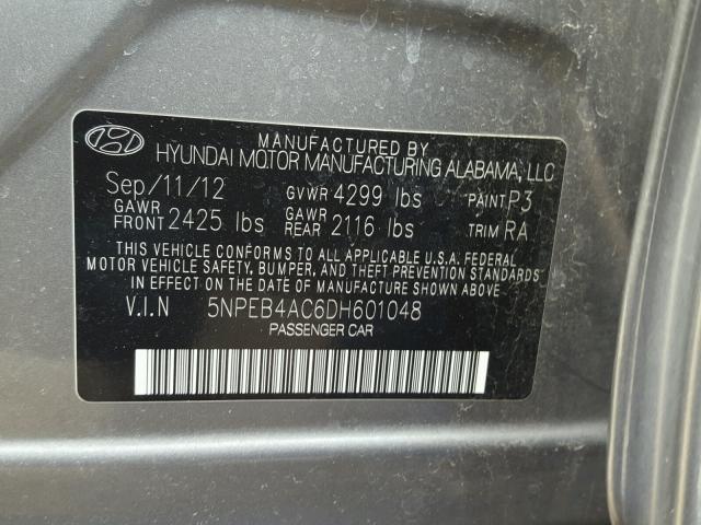 5NPEB4AC6DH601048 - 2013 HYUNDAI SONATA GLS GRAY photo 10