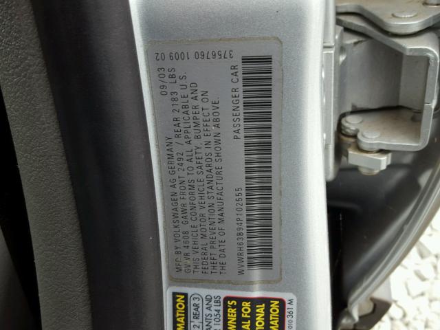 WVWRH63B94P102555 - 2004 VOLKSWAGEN PASSAT GLX SILVER photo 10