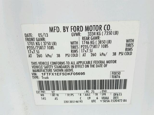 1FTFX1EF5DKF05695 - 2013 FORD F150 SUPER WHITE photo 10