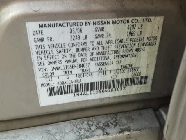 1N4AL11D56N384037 - 2006 NISSAN ALTIMA S SILVER photo 10