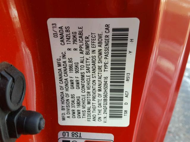 2HGFG3B56DH509416 - 2013 HONDA CIVIC LX RED photo 10