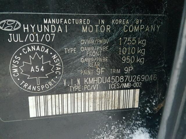 KMHDU45D87U269046 - 2007 HYUNDAI ELANTRA GL BLACK photo 10