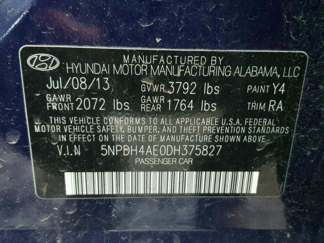 5NPDH4AE0DH375827 - 2013 HYUNDAI ELANTRA GL BLUE photo 10