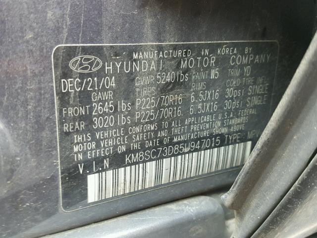 KM8SC73D85U947015 - 2005 HYUNDAI SANTA FE G GRAY photo 10