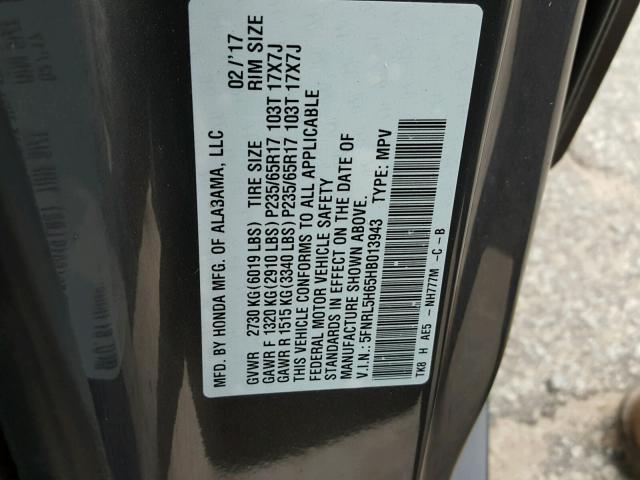 5FNRL5H65HB013943 - 2017 HONDA ODYSSEY EX GRAY photo 10