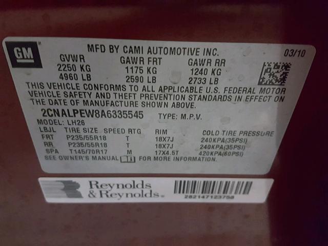 2CNALPEW8A6335545 - 2010 CHEVROLET EQUINOX LT RED photo 10