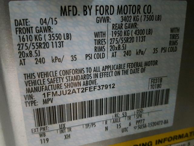 1FMJU2AT2FEF37912 - 2015 FORD EXPEDITION SILVER photo 10