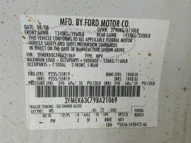 2FMEK63C79BA21069 - 2009 FORD FLEX LIMIT WHITE photo 10