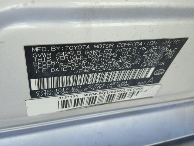 JTHBF5C2XA5122286 - 2010 LEXUS IS 250 SILVER photo 10