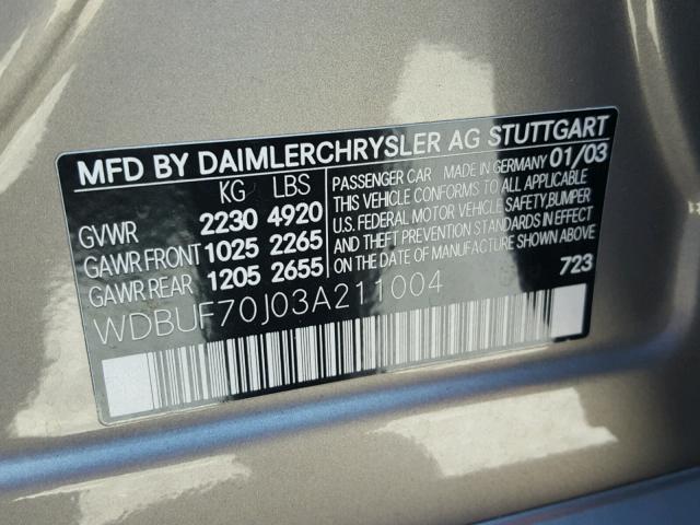 WDBUF70J03A211004 - 2003 MERCEDES-BENZ E 500 TAN photo 10