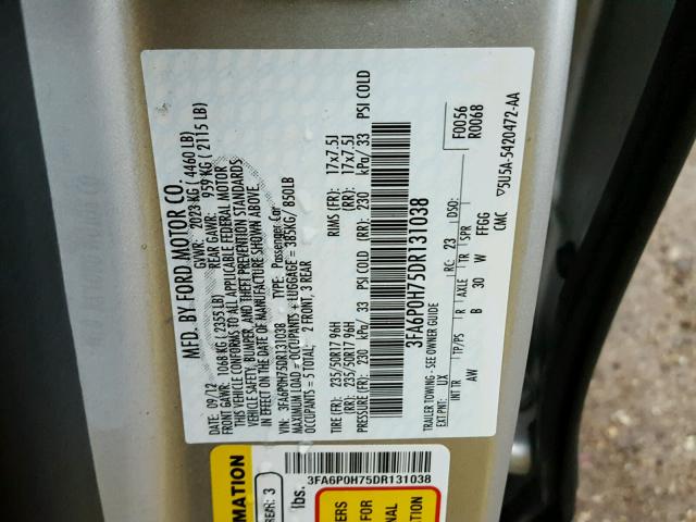 3FA6P0H75DR131038 - 2013 FORD FUSION SE SILVER photo 10