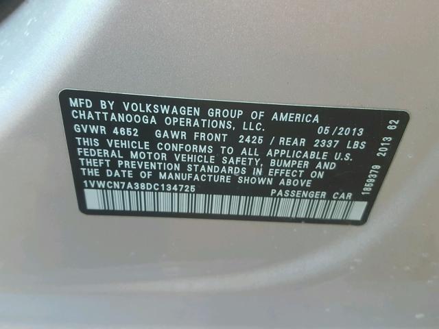 1VWCN7A38DC134725 - 2013 VOLKSWAGEN PASSAT SEL SILVER photo 10