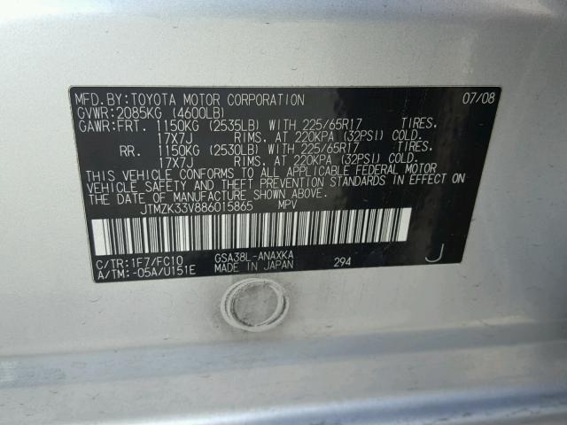 JTMZK33V886015865 - 2008 TOYOTA RAV4 GRAY photo 10