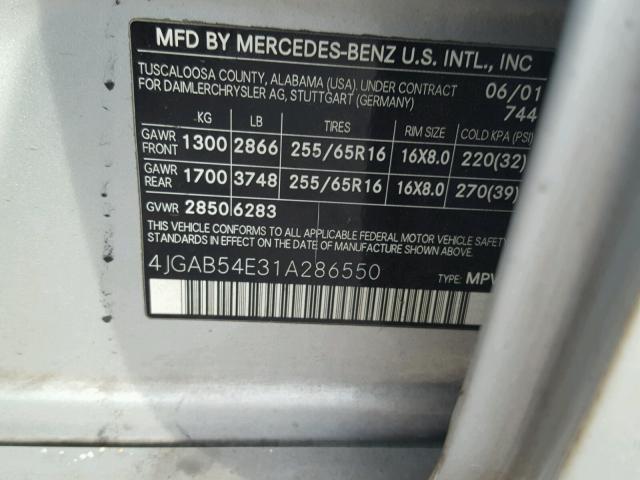 4JGAB54E31A286550 - 2001 MERCEDES-BENZ ML 320 SILVER photo 10