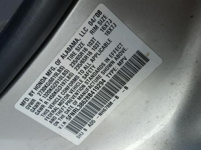 5FNRL38628B419294 - 2008 HONDA ODYSSEY EX SILVER photo 10