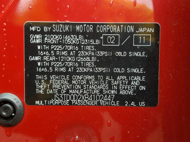 JS3TD0D2XB4102447 - 2011 SUZUKI GRAND VITA RED photo 10