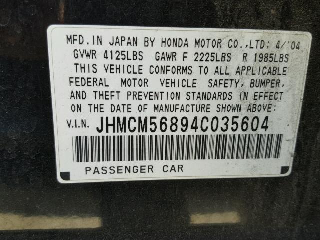 JHMCM56894C035604 - 2004 HONDA ACCORD EX BLACK photo 10