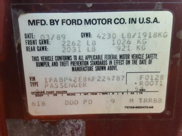 1FABP42E8KF224787 - 1989 FORD MUSTANG GT MAROON photo 10