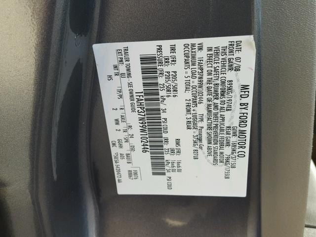 1FAHP37N99W102446 - 2009 FORD FOCUS SEL GRAY photo 10