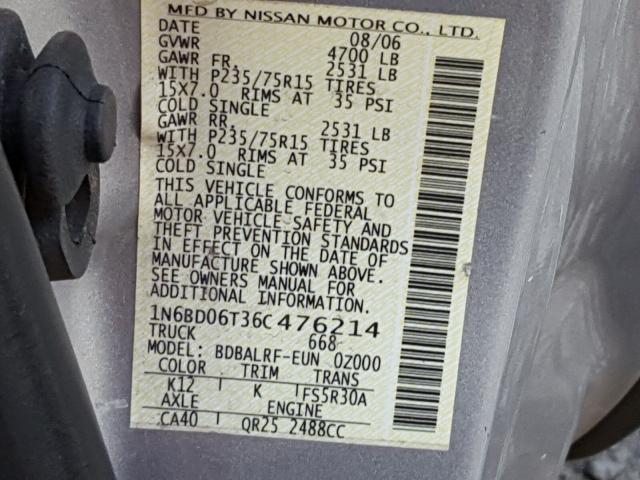 1N6BD06T36C476214 - 2006 NISSAN FRONTIER K SILVER photo 10