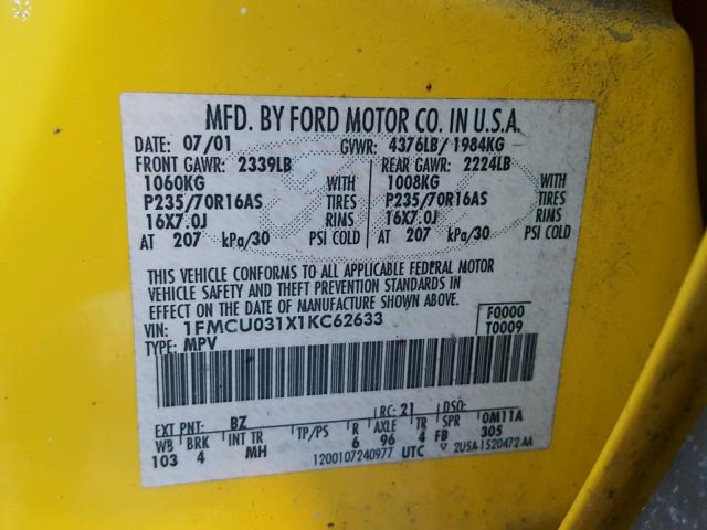 1FMCU031X1KC62633 - 2001 FORD ESCAPE XLT YELLOW photo 10