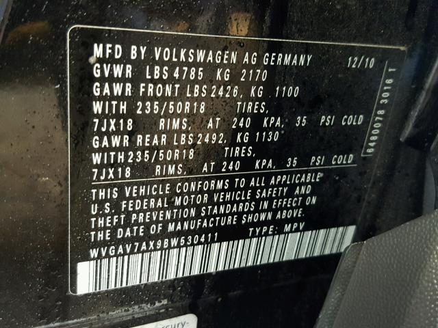 WVGAV7AX9BW530411 - 2011 VOLKSWAGEN TIGUAN S BLACK photo 10