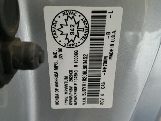 5J6YH18206L800452 - 2006 HONDA ELEMENT SILVER photo 10