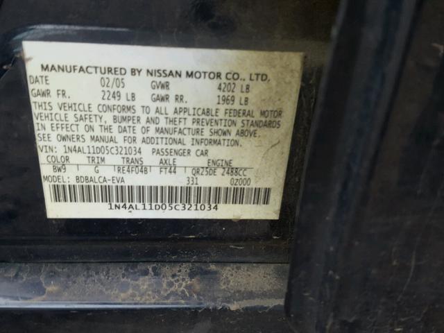 1N4AL11D05C321034 - 2005 NISSAN ALTIMA S BLUE photo 10