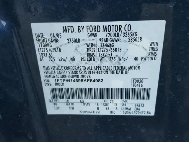 1FTPW14595KE84982 - 2005 FORD F150 SUPER BLUE photo 10