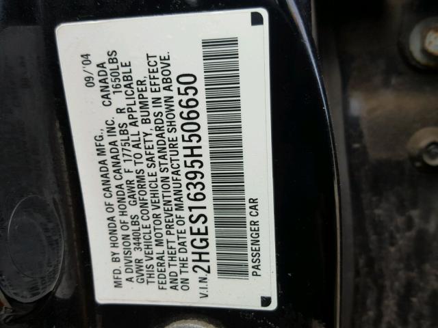 2HGES16395H506650 - 2005 HONDA CIVIC DX V BLACK photo 10