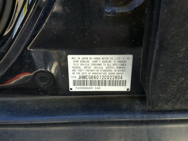 JHMCG66012C022804 - 2002 HONDA ACCORD EX BLACK photo 10