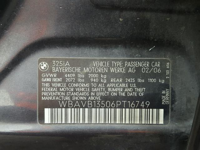 WBAVB13506PT16749 - 2006 BMW 325 I GRAY photo 10