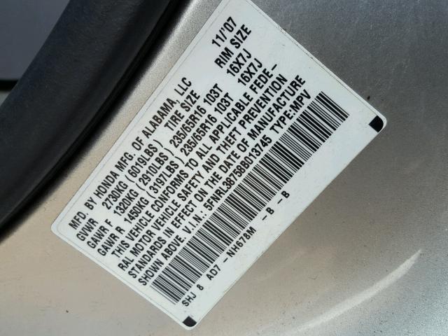 5FNRL38758B013745 - 2008 HONDA ODYSSEY EX SILVER photo 10