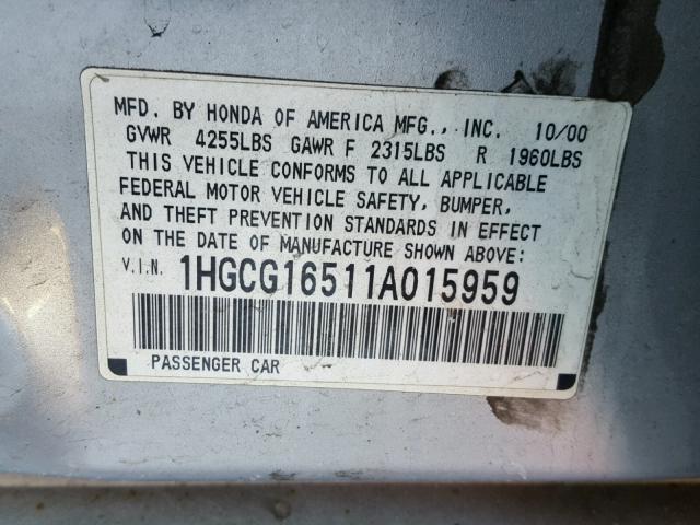 1HGCG16511A015959 - 2001 HONDA ACCORD EX SILVER photo 10