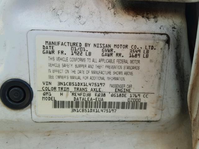 3N1CB51DX1L475197 - 2001 NISSAN SENTRA XE WHITE photo 10