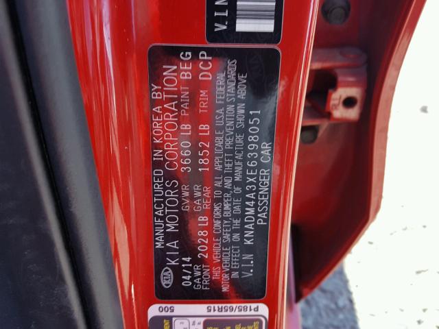 KNADM4A3XE6398051 - 2014 KIA RIO LX RED photo 10