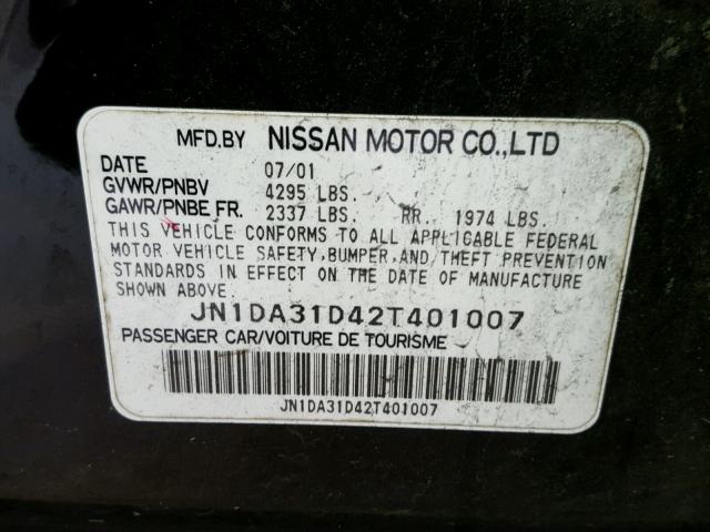 JN1DA31D42T401007 - 2002 NISSAN MAXIMA GLE BLACK photo 10