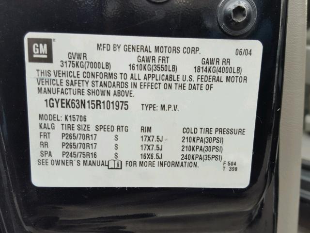 1GYEK63N15R101975 - 2005 CADILLAC ESCALADE L BLACK photo 10