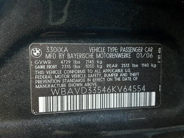 WBAVD33546KV64554 - 2006 BMW 330 XI BLACK photo 10