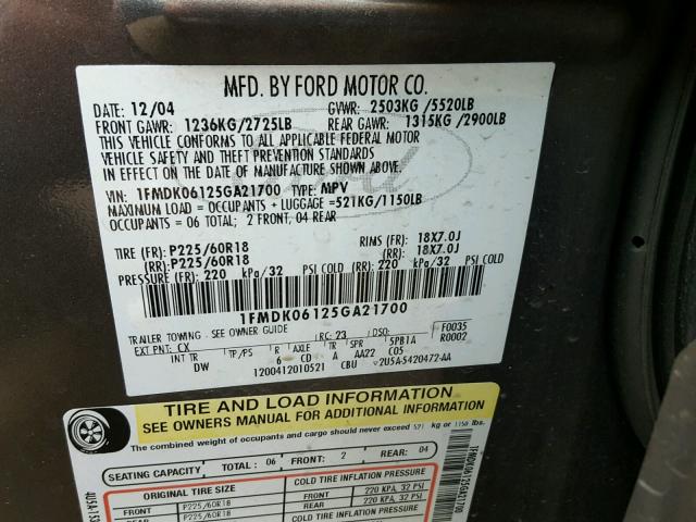 1FMDK06125GA21700 - 2005 FORD FREESTYLE GRAY photo 10