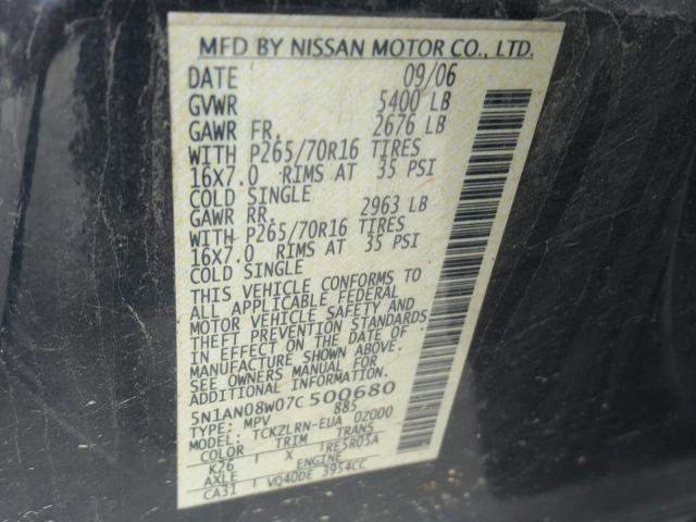 5N1AN08W07C500680 - 2007 NISSAN XTERRA OFF BLACK photo 10