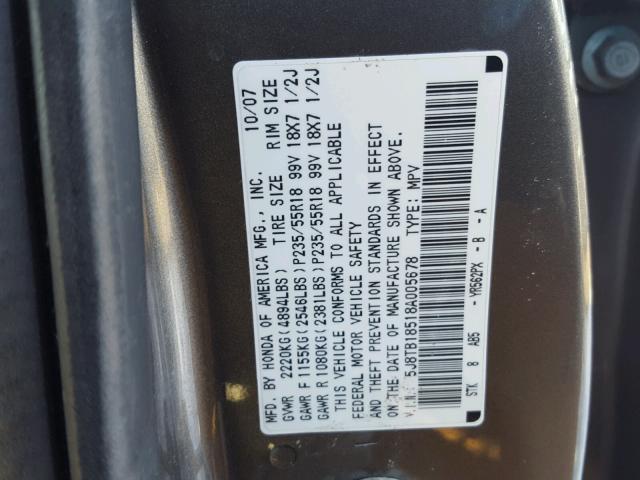 5J8TB18518A005678 - 2008 ACURA RDX TECHNO GRAY photo 10