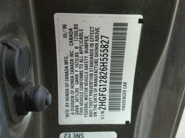 2HGFG12826H555827 - 2006 HONDA CIVIC EX GRAY photo 10