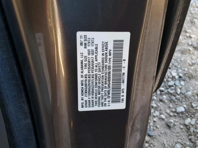 5FNRL5H64BB096109 - 2011 HONDA ODYSSEY EX CHARCOAL photo 10