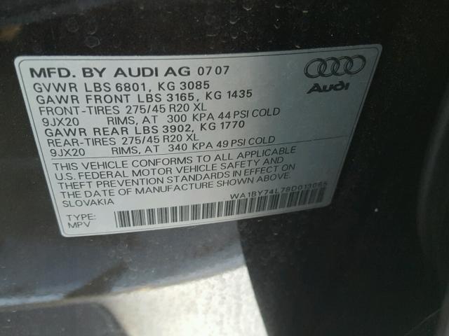 WA1BY74L78D013065 - 2008 AUDI Q7 3.6 QUA GRAY photo 10