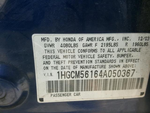 1HGCM56164A050367 - 2004 HONDA ACCORD DX BLUE photo 10