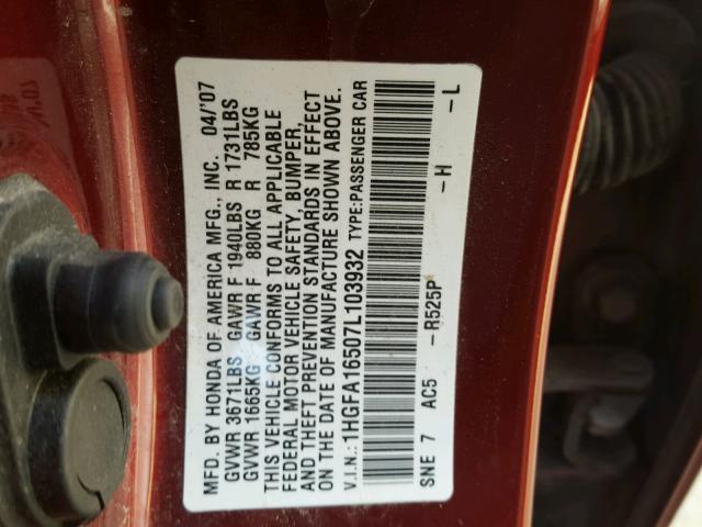 1HGFA16507L103932 - 2007 HONDA CIVIC LX MAROON photo 10