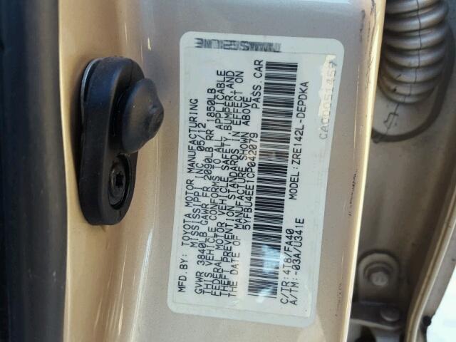 5YFBU4EE1CP042079 - 2012 TOYOTA COROLLA BA GOLD photo 10