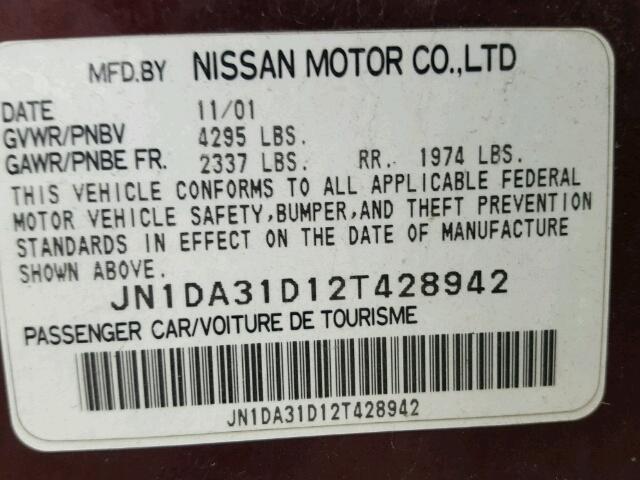 JN1DA31D12T428942 - 2002 NISSAN MAXIMA GLE BURGUNDY photo 10